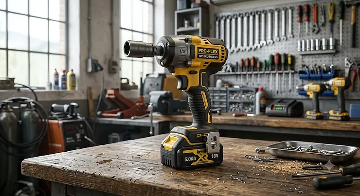 A professional cordless 18V high torque impact driver with a battery pack on a workshop bench.