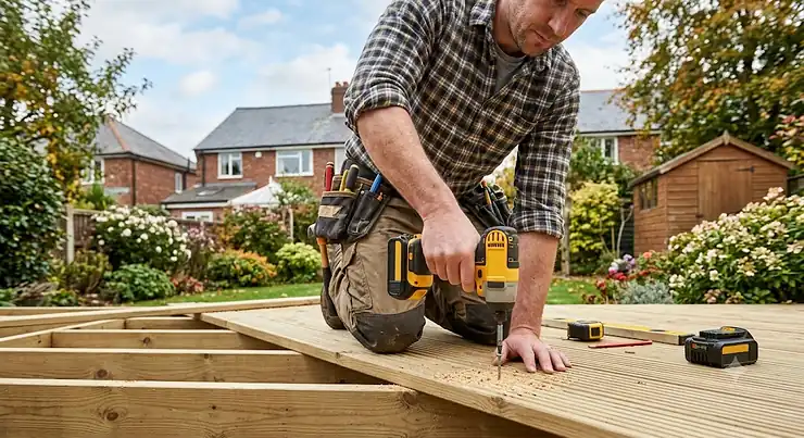 A DIY enthusiast using a cordless impact driver to build wooden decking in a British suburban garden.