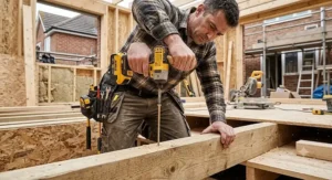A cordless impact driver effortlessly driving a long timber fixing screw into a thick wooden joist during a house extension.