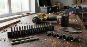 An assortment of impact-rated screwdriver bits and nut drivers laid out next to a heavy-duty cordless impact driver.