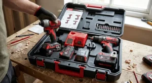 A cordless impact driver and combi drill twin pack kit with two lithium-ion batteries and a charger in a hard carry case.