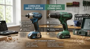 Side-by-side comparison diagram showing a cordless impact driver next to a standard combi drill on a workshop workbench.