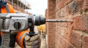 Close-up illustration of a carbide-tipped masonry bit fitted into a cordless SDS drill penetrating solid brickwork.