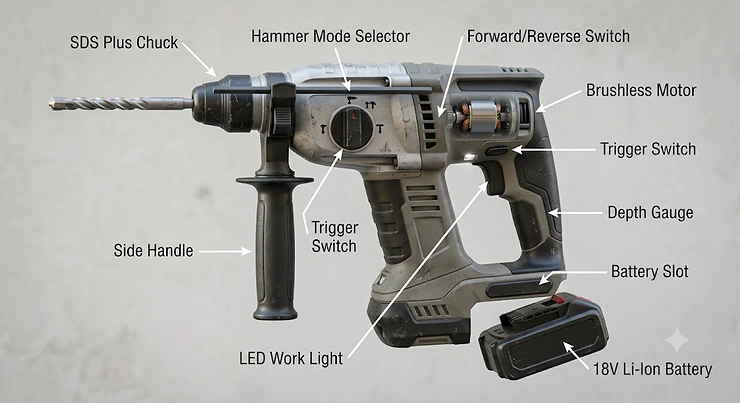 Diagram showing the key components of a professional cordless SDS drill, including the chuck, hammer mode selector, and battery slot.