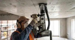 Illustration showing overhead drilling using a heavy-duty cordless SDS drill equipped with an integrated dust extraction collector.