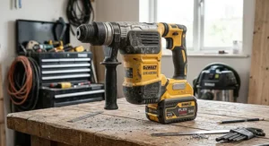 High-performance cordless SDS max drill standing on a workbench with a high-capacity battery pack.