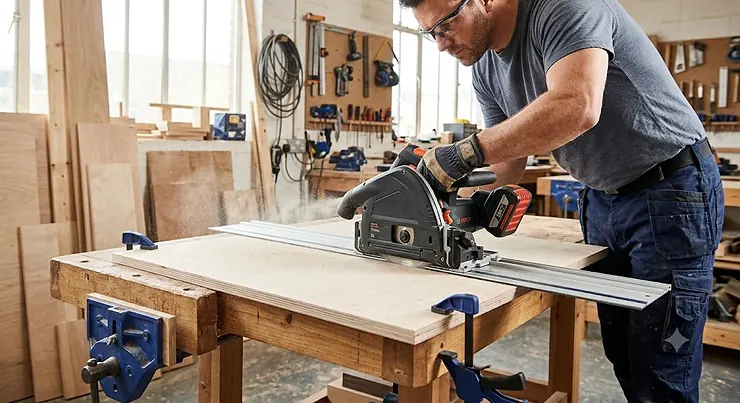 Tradesperson using a cordless track saw with a guide rail to make a precise straight cut on a wooden sheet