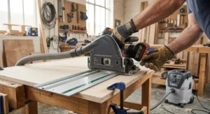 Cordless track saw connected to a vacuum dust extraction hose in a British carpentry workshop