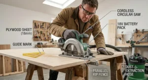 Illustration of a DIYer making a straight cross cut through plywood with a cordless circular saw