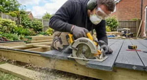 Cleanly cutting a modern composite decking board with a cordless circular saw during garden deck installation.