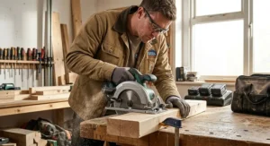 Illustration of a tradesperson using a cordless circular saw to cut structural timber on a workbench