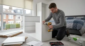 Homeowner using a compact impact driver to quickly assemble flatpack bedroom furniture
