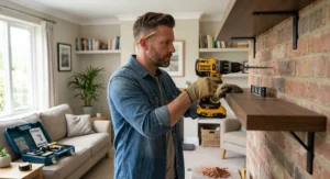 A British homeowner putting up floating shelves in a living room using a versatile 18V combi drill.