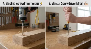Graphic illustrating the high torque of an electric screwdriver driving a long screw into timber compared to the manual effort of a hand screwdriver.