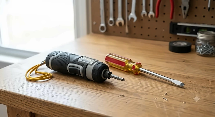 A side-by-side comparison of a modern cordless electric screwdriver and a traditional manual screwdriver on a wooden workbench. electric screwdriver vs manual screwdriver