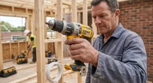 A builder holding a professional combi drill demonstrating the ergonomic rubberised grip