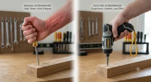 An illustration comparing hand fatigue and wrist strain from using a manual screwdriver versus the ergonomic comfort of a cordless electric screwdriver.