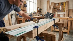 Aligning a splinter guard guide rail track on timber before using a cordless track saw