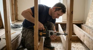 An electrician boring a large hole through a timber stud using a heavy-duty corded right angle drill