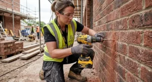 Tradesperson using a professional combi drill in hammer mode to drill into a brick wall
