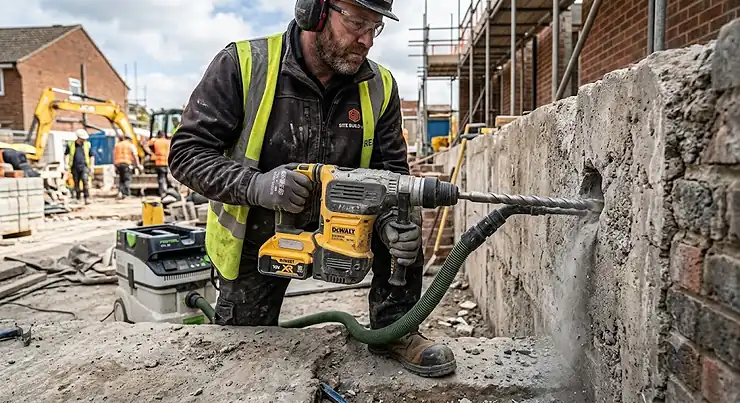Tradesperson using a heavy-duty SDS max drill to bore deep holes into concrete masonry.