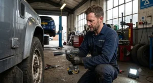 A mechanic using a heavy duty high torque impact driver to loosen stubborn wheel nuts in a UK garage.