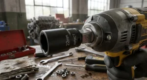Close-up illustration of a high torque impact driver featuring a half inch square drive anvil with an impact socket.