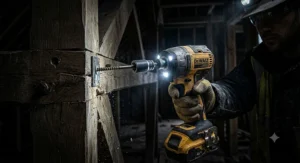 A high torque impact driver with integrated LED work lights illuminating a dark workspace during structural fastening.