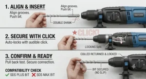 Step-by-step instructional diagram showing how to load and click a masonry bit into an SDS plus drill chuck.