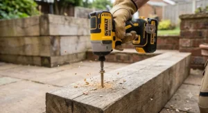 An impact driver driving a heavy-duty timber screw into a wooden sleeper without a pilot hole, demonstrating its rotational force.