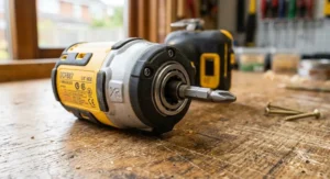 Detailed view of an impact driver featuring a quarter-inch hex collet quick-release chuck designed for high torque driving bits.