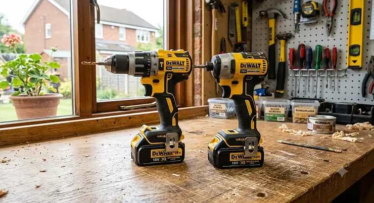 A side-by-side comparison of an impact driver and a combi drill on a wooden workbench, highlighting the key differences for UK DIY projects. impact driver vs combi drill