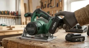 Illustration showing a 18V lithium-ion battery pack being inserted into a cordless circular saw