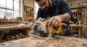 Joiner adjusting the depth of cut gauge on an 18V circular saw for precision joinery.