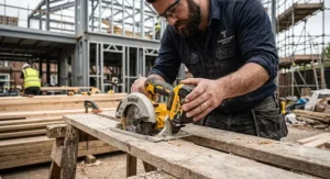 Joiner fitting a lithium-ion battery into an 18V cordless circular saw on a construction site.