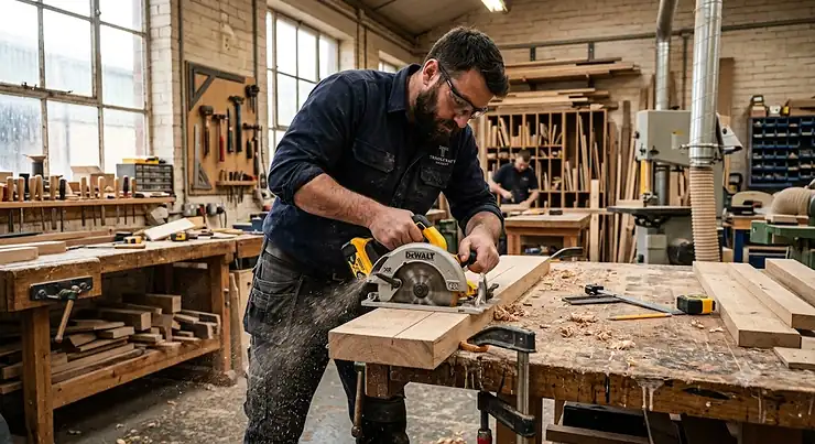 Joiner using a cordless 18V circular saw on a timber workbench in a UK workshop.