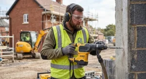 Worker wearing safety goggles and ear defenders whilst holding an SDS max drill on a British building site.