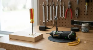 An illustration showing a manual screwdriver ready for immediate use next to an electric screwdriver plugged into a charger, comparing battery dependency.