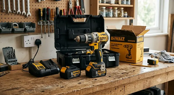 Professional combi drill unboxed on a wooden workbench with battery and charger