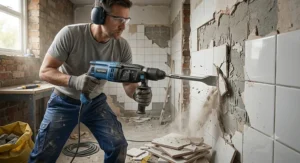 Illustration of a workman using an SDS plus drill with a scaling chisel attachment to strip wall tiles off plasterwork.