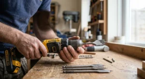 Changing a flat wood boring bit in the keyless chuck of a high-performance right angle drill