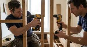 A side-by-side comparison of a standard combi drill and a right angle drill showing the clearance difference in a tight space