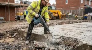 A builder operating a powerful SDS Max breaker tool to demolish a thick reinforced concrete slab on a UK building site.