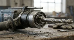 Detailed view of an 18mm SDS Max chuck on a large commercial construction hammer drill.