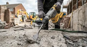 SDS max drill fitted with a flat chisel bit breaking through a concrete floor during site demolition.