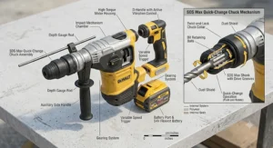 Labelled diagram highlighting key features and the quick-change chuck mechanism of an SDS max drill.