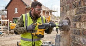 SDS max drill equipped with a large core cutter drilling a clean hole through external brickwork.