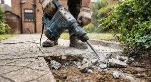 A heavy-duty SDS Max demolition hammer drill breaking up a concrete garden patio path.