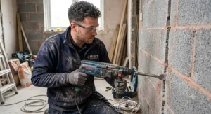An electrician using an SDS Plus chisel attachment to cut a cable channel into an internal block wall.