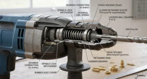 Close-up diagram of a 10mm SDS Plus quick-change chuck mechanism on a standard British power tool.